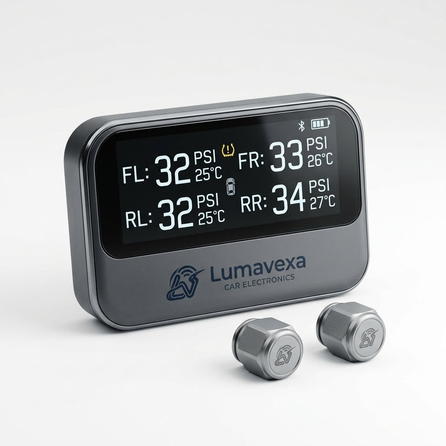 Lumavexa™ Smart Wireless Tire Pressure Monitoring System – 4-Tire TPMS with Real-Time Pressure & Temperature Display, Bluetooth Connectivity, External Valve Sensors and Digital Dashboard Monitor